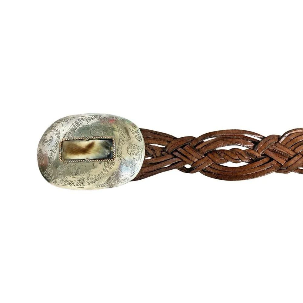 Vintage Boho Braided Leather Belt Oversized Engraved Statement Buckle Western 46